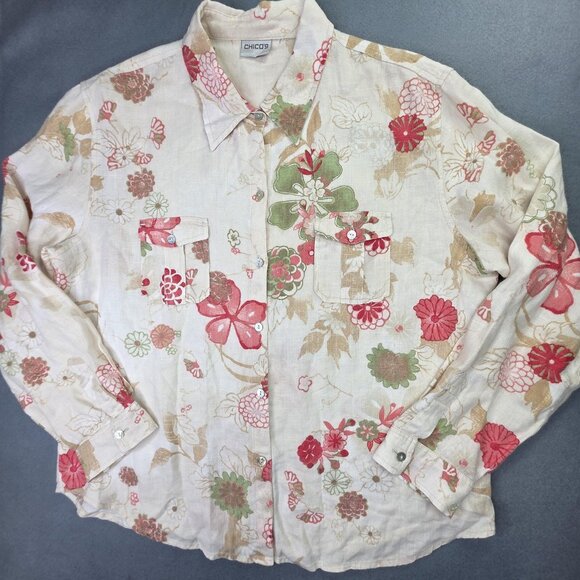 Chicos Shirt Womens 4 US 1XL Beige Floral Linen Button Front Long Sleeve Casual - Picture 1 of 9